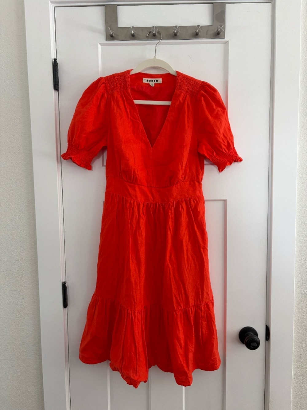 Boden Anna Smocked Bodice Puff Sleeve Linen Mini Dress Size 6L